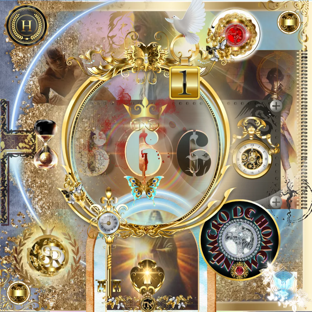 Imagem altamente detalhada e simbólica com referências ao número 666. Elementos dourados e celestiais contrastam com sombras, escuridão e luz, representando uma batalha espiritual. Relógios, cruzes, uma ampulheta e uma chave reforçam a temática do tempo e da redenção.