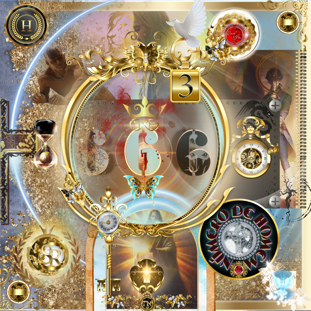 Imagem altamente detalhada e simbólica com referências ao número 666. Elementos dourados e celestiais contrastam com sombras, escuridão e luz, representando uma batalha espiritual. Relógios, cruzes, uma ampulheta e uma chave reforçam a temática do tempo e da redenção.