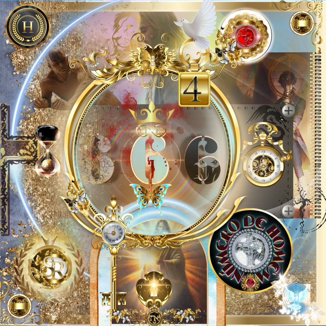 Imagem altamente detalhada e simbólica com referências ao número 666. Elementos dourados e celestiais contrastam com sombras, escuridão e luz, representando uma batalha espiritual. Relógios, cruzes, uma ampulheta e uma chave reforçam a temática do tempo e da redenção.