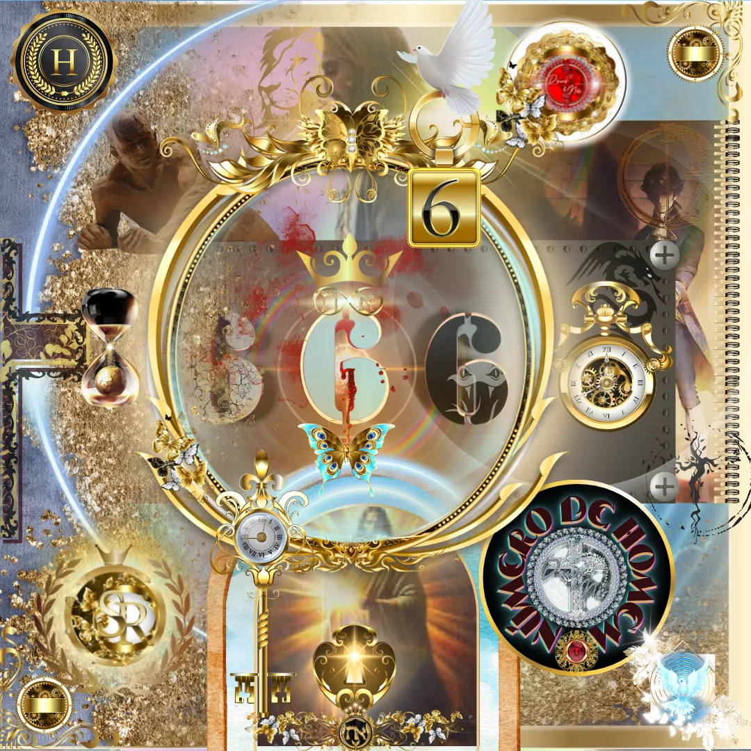 Imagem altamente detalhada e simbólica com referências ao número 666. Elementos dourados e celestiais contrastam com sombras, escuridão e luz, representando uma batalha espiritual. Relógios, cruzes, uma ampulheta e uma chave reforçam a temática do tempo e da redenção.