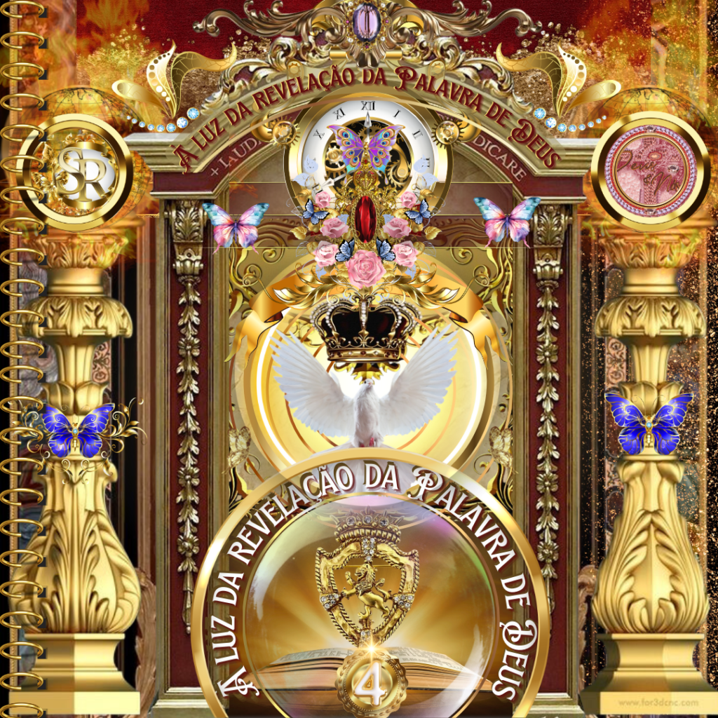 Imagem cristã com elementos dourados e simbólicos. No centro, uma coroa, uma pomba branca e um livro aberto irradiando luz. Borboletas azuis e detalhes ornamentais rodeiam a composição, transmitindo uma atmosfera celestial e de revelação divina.