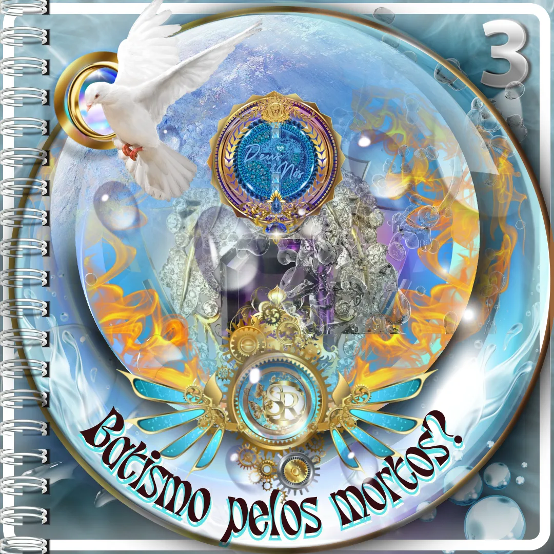 Capa do estudo bíblico "Batismo pelos Mortos?" Parte 3, com ilustração de uma pomba branca sobre um fundo místico e elementos decorativos.