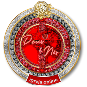 Logomarca da Deus e Nós Igreja Online com cruz vermelha e detalhes em ouro e pedras preciosas.