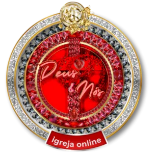 Logomarca da Deus e Nós Igreja Online com cruz vermelha e detalhes em ouro e pedras preciosas.