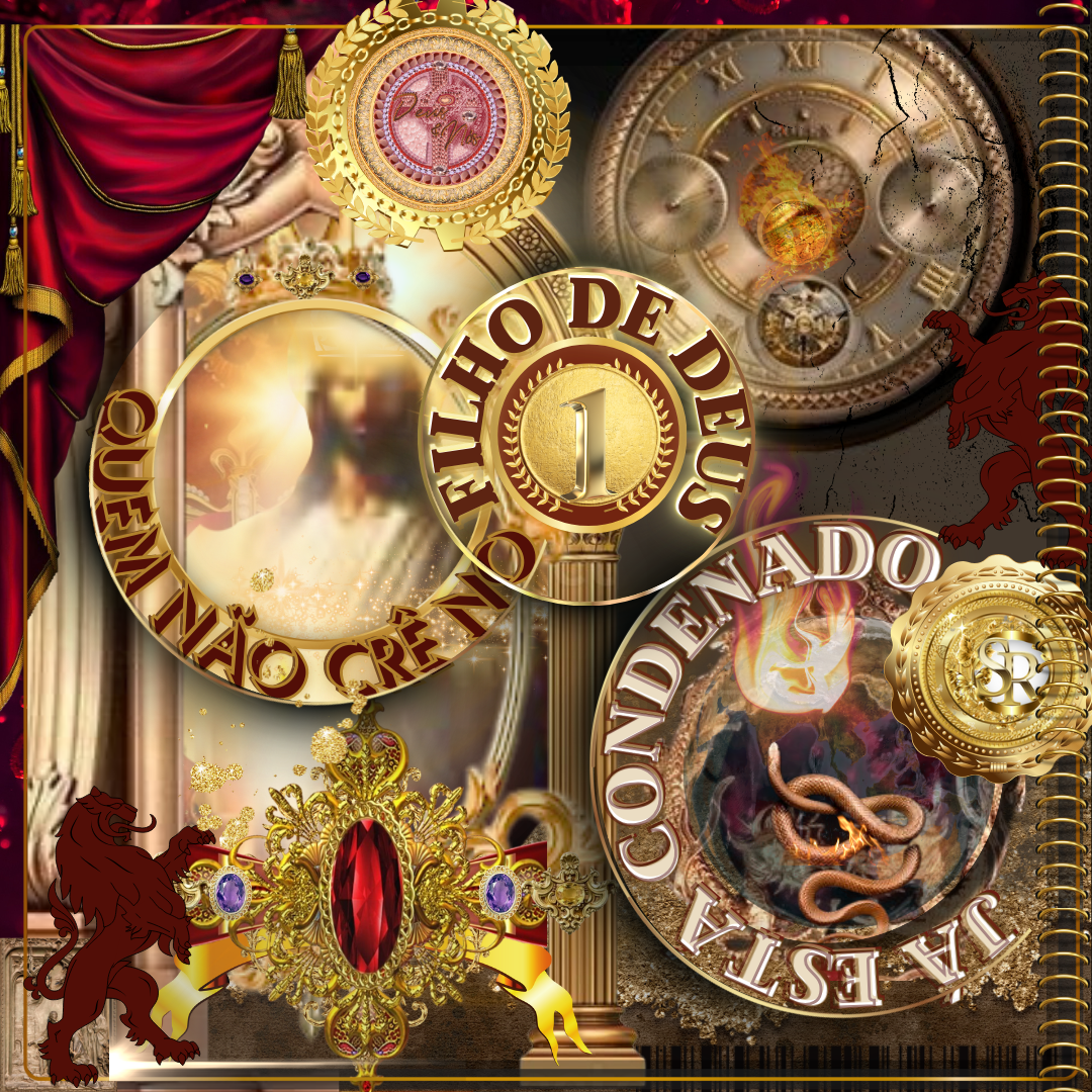 Arte cristã elaborada com tema bíblico, apresentando elementos dourados, relógios antigos, uma figura celestial ao fundo e letras destacando a mensagem "Quem não crê no Filho de Deus já está condenado". A imagem inclui brasões, colunas e detalhes ornamentais, além de uma chama com serpentes no centro.