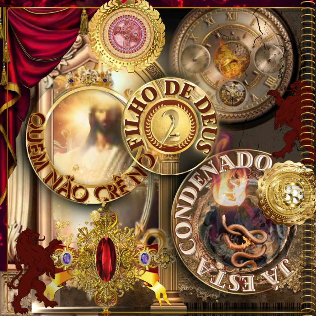 Arte cristã elaborada com tema bíblico, apresentando elementos dourados, relógios antigos, uma figura celestial ao fundo e letras destacando a mensagem "Quem não crê no Filho de Deus já está condenado". A imagem inclui brasões, colunas e detalhes ornamentais, além de uma chama com serpentes no centro.