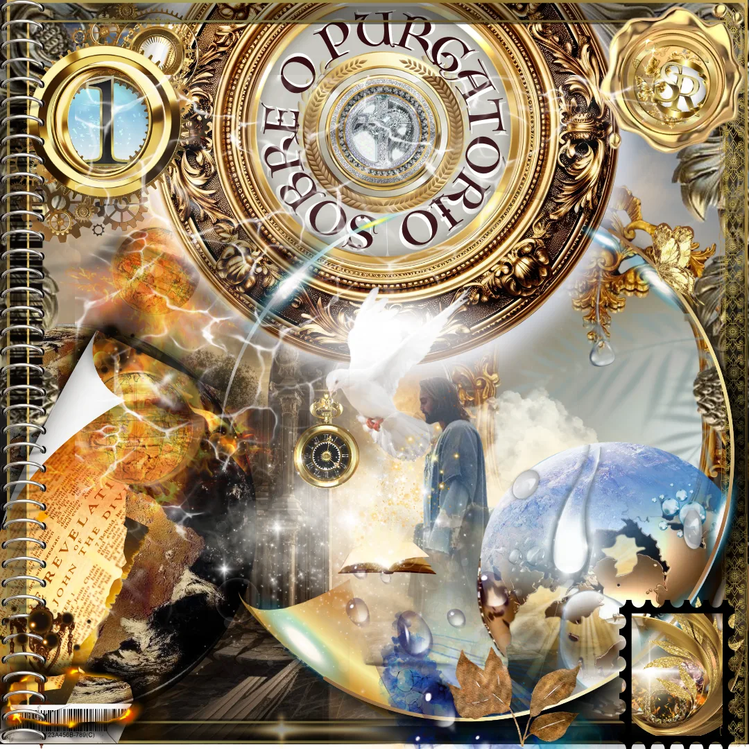 Uma composição visual complexa, com detalhes dourados e elementos espirituais, destacando o título "Sobre o Purgatório". Imagens de fogo, uma pomba branca, um globo terrestre com gotas de água e um relógio dourado simbolizam aspectos da redenção e do julgamento.