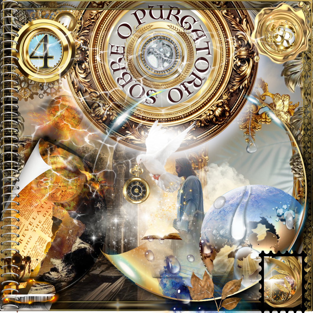 Uma composição visual complexa, com detalhes dourados e elementos espirituais, destacando o título "Sobre o Purgatório". Imagens de fogo, uma pomba branca, um globo terrestre com gotas de água e um relógio dourado simbolizam aspectos da redenção e do julgamento.