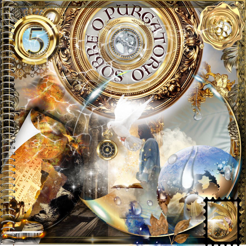 Uma composição visual complexa, com detalhes dourados e elementos espirituais, destacando o título "Sobre o Purgatório". Imagens de fogo, uma pomba branca, um globo terrestre com gotas de água e um relógio dourado simbolizam aspectos da redenção e do julgamento.