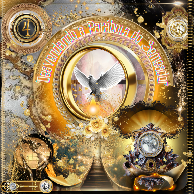 Uma composição artística dourada e luminosa, com uma pomba branca ao centro, simbolizando o Espírito Santo, rodeada por elementos dourados, flores amarelas e uma escadaria celestial, com o título "Desvendando a Parábola do Semeador".