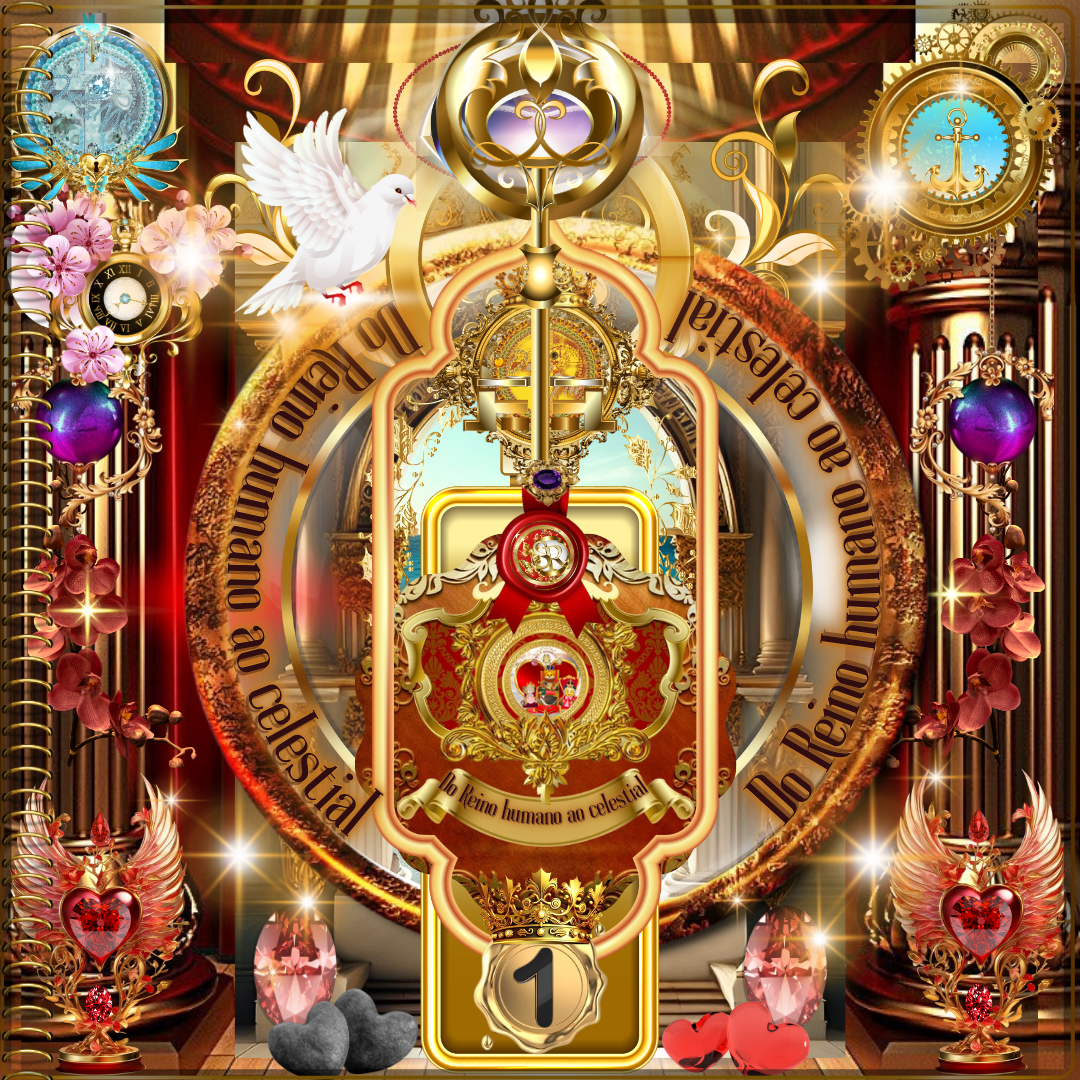 Uma arte sacra detalhada com coroas douradas, um cetro celestial, luzes divinas e uma pomba branca, simbolizando a transição do reino humano para o celestial.