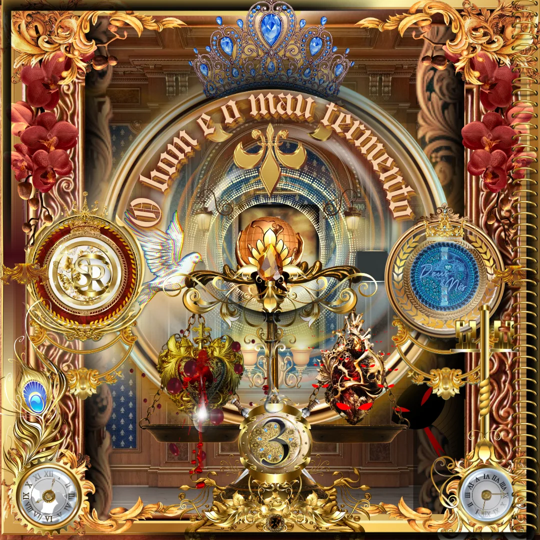 Arte rica em detalhes dourados e elementos simbólicos que ilustram o tema "O bom e o mau fermento". Destaques incluem uma coroa azul com pedras preciosas, balança dourada, corações representando pureza e corrupção, e luzes celestiais com uma pomba branca ao centro.