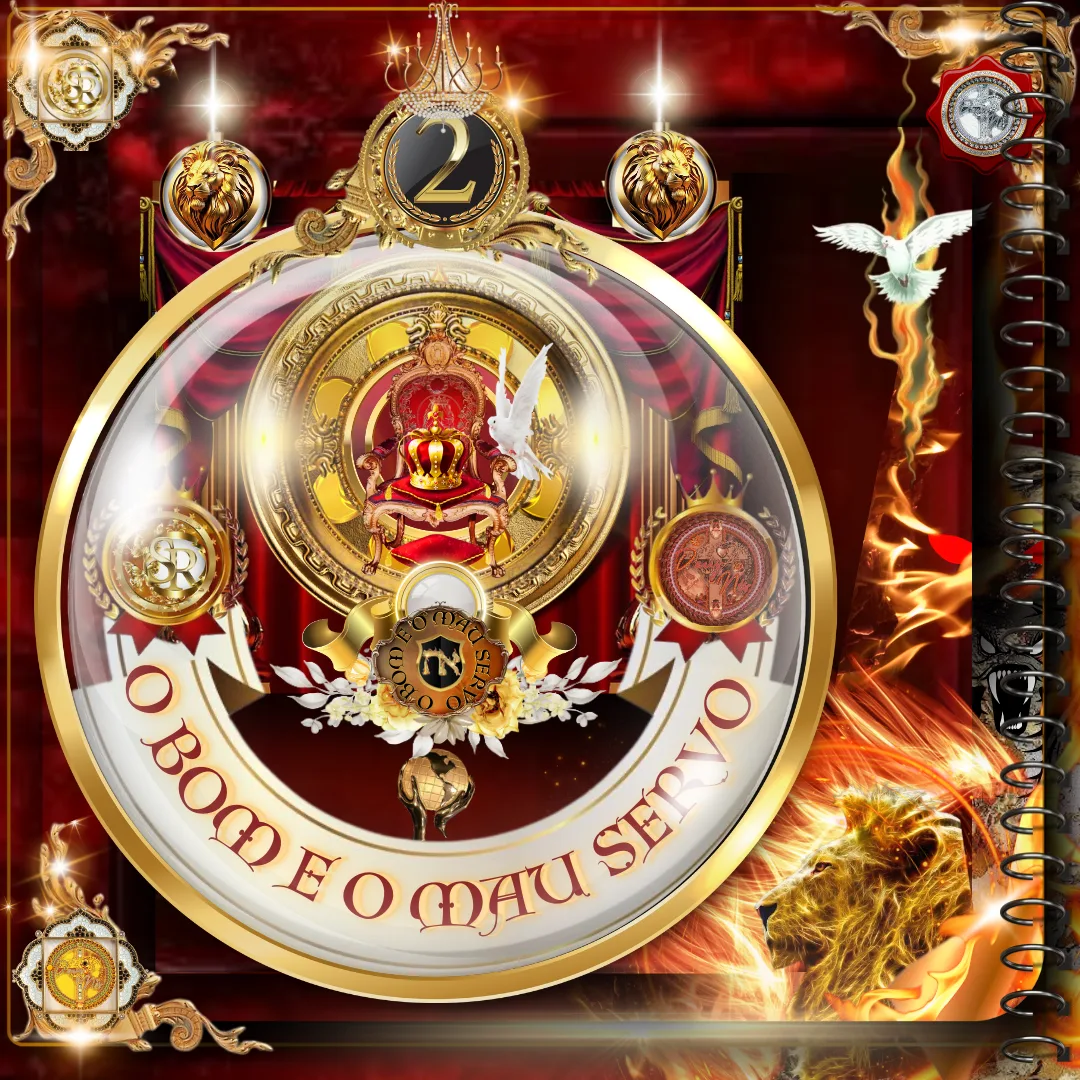 Uma arte com símbolos majestosos e dourados, representando o trono do Rei dos Reis. A frase "O Bom e o Mau Servo" está em destaque em um círculo central decorado com elementos simbólicos, como uma coroa, leões, pomba e fogo, transmitindo um tom espiritual e celestial.