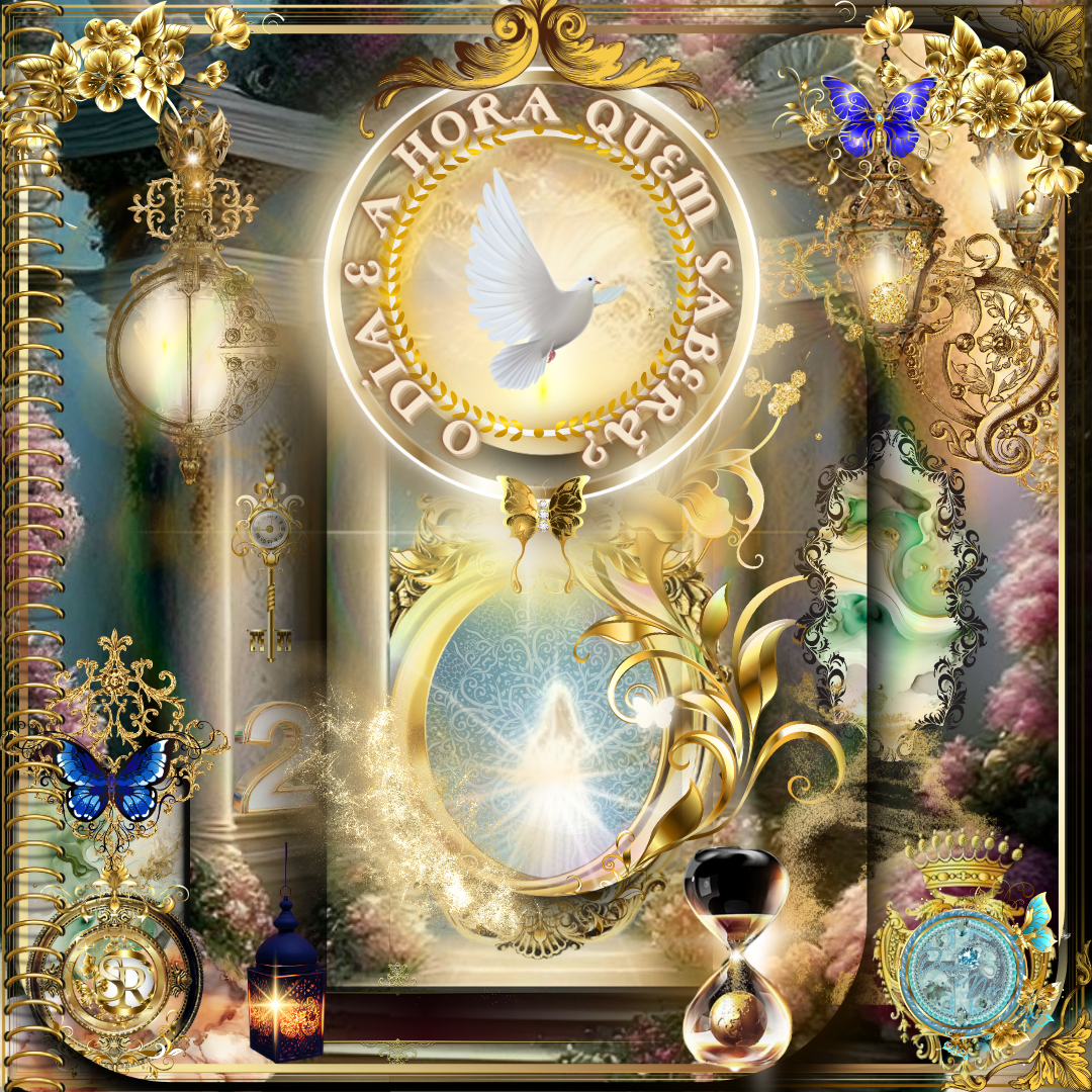 Arte digital detalhada e dourada representando o tema "O dia e a hora quem saberá?", com símbolos como a pomba da paz, ampulheta, chaves e luz celestial em um ambiente glorioso e espiritual, cercado por flores e borboletas.