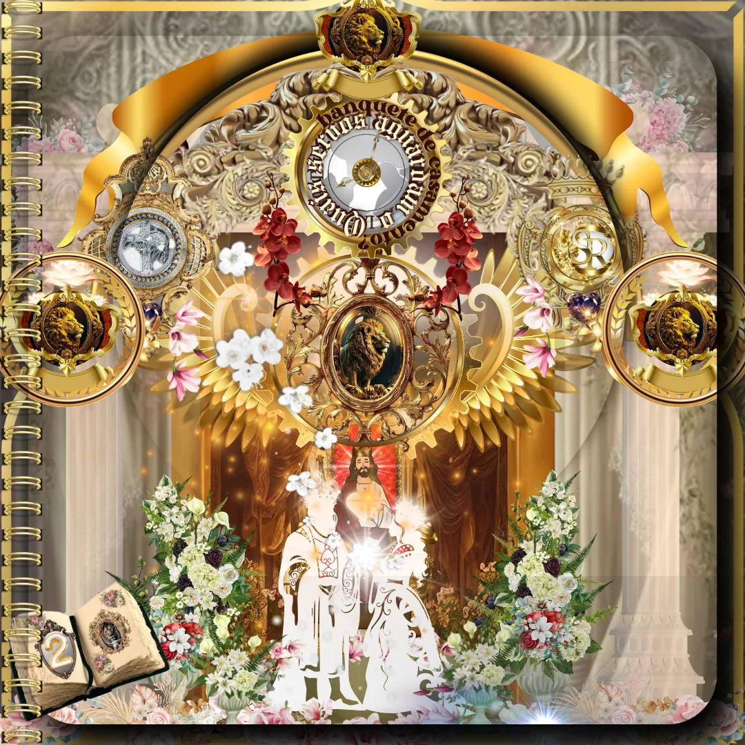 Representação artística do banquete celestial, com Jesus iluminando um casal diante de um altar, cercado por flores e detalhes dourados.