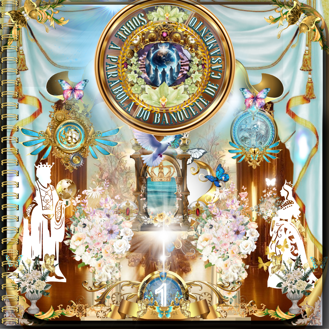 Uma cena celestial detalhada e simbólica, com elementos como coroas douradas, flores brancas, pombas e borboletas coloridas. No centro, uma fonte radiante cercada por ornamentos reais e inscrições sobre o banquete de casamento. Figuras reais adornam os lados, representando servos e convidados, em um ambiente glorioso e espiritual.