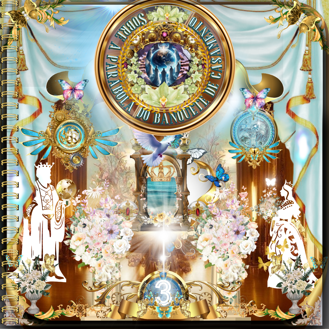 Uma cena celestial detalhada e simbólica, com elementos como coroas douradas, flores brancas, pombas e borboletas coloridas. No centro, uma fonte radiante cercada por ornamentos reais e inscrições sobre o banquete de casamento. Figuras reais adornam os lados, representando servos e convidados, em um ambiente glorioso e espiritual.