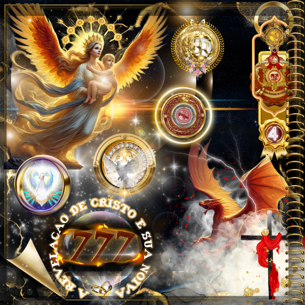 Imagem espiritual e simbólica representando a revelação de Cristo e Sua noiva, com elementos celestiais, uma figura angelical protegendo uma criança, um dragão, uma cruz adornada e símbolos divinos.