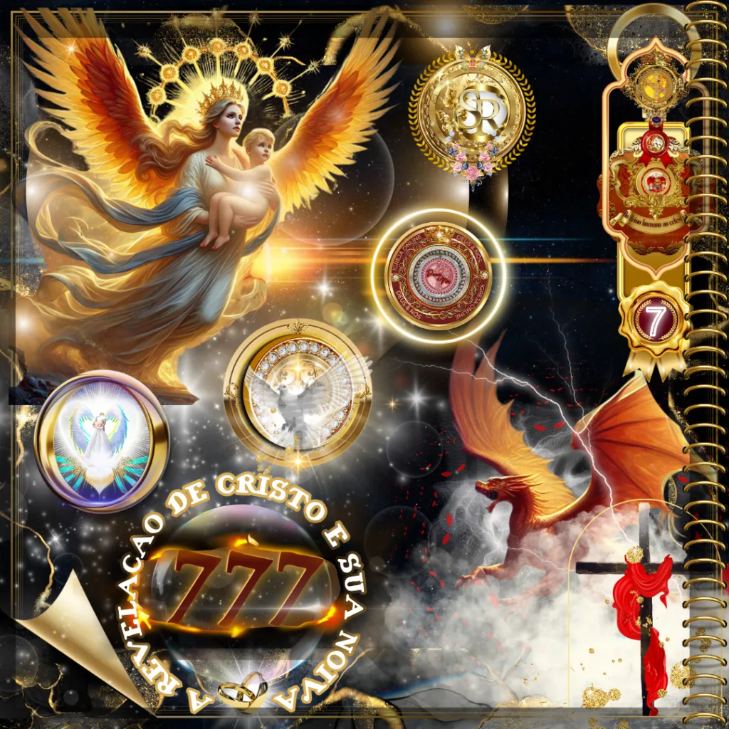 Imagem espiritual e simbólica representando a revelação de Cristo e Sua noiva, com elementos celestiais, uma figura angelical protegendo uma criança, um dragão, uma cruz adornada e símbolos divinos.