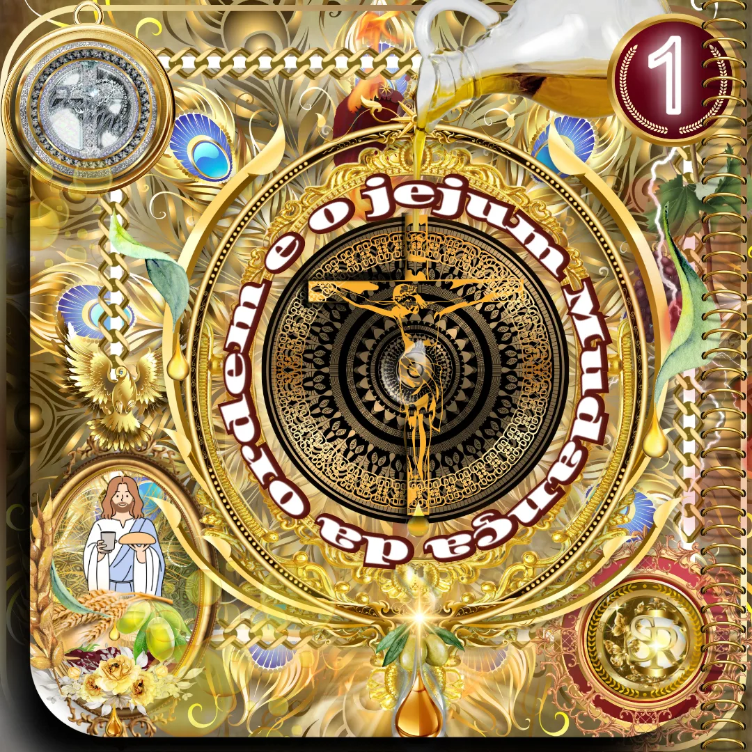 Capa dourada e simbólica do estudo bíblico "A Mudança de Ordem e o Jejum", com elementos espirituais como Cristo crucificado em um relógio, azeite derramado e símbolos celestiais.