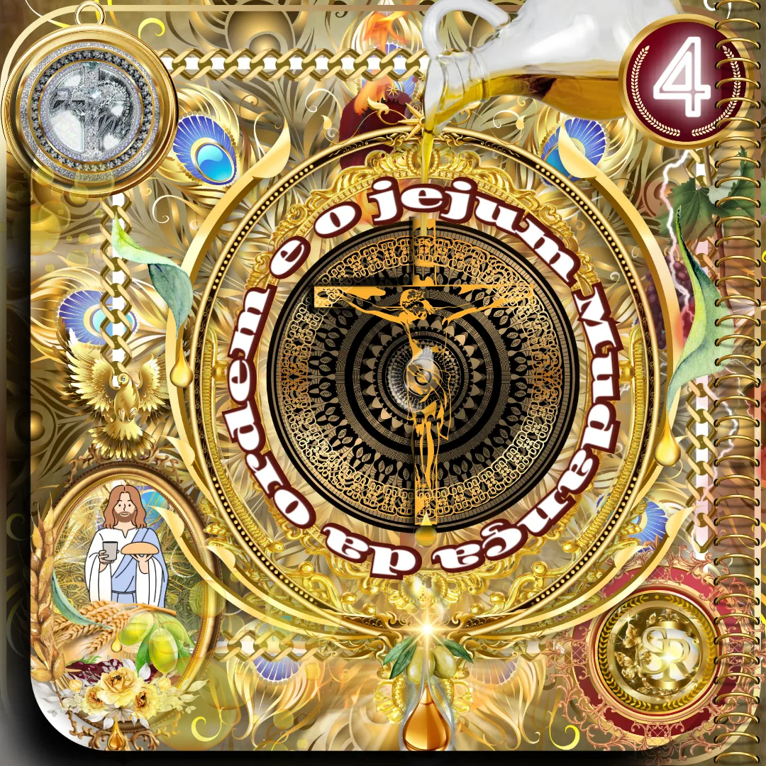 Capa dourada e simbólica do estudo bíblico "A Mudança de Ordem e o Jejum", com elementos espirituais como Cristo crucificado em um relógio, azeite derramado e símbolos celestiais.