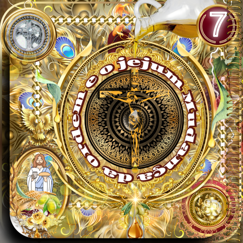 Capa dourada e simbólica do estudo bíblico "A Mudança de Ordem e o Jejum", com elementos espirituais como Cristo crucificado em um relógio, azeite derramado e símbolos celestiais.