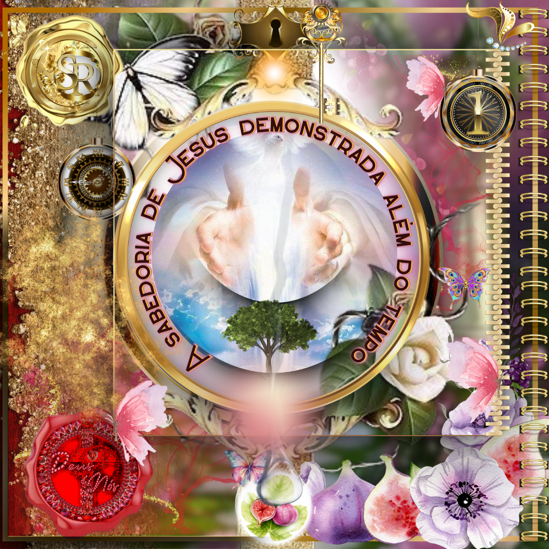 Ilustração espiritual mostrando mãos divinas, um globo celestial e uma árvore de vida. Borboletas e elementos dourados simbolizam a eternidade da sabedoria de Cristo. Texto circular: "Sabedoria de Jesus demonstrada além do tempo".