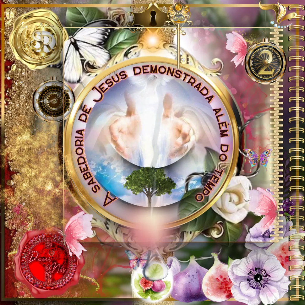 Ilustração espiritual mostrando mãos divinas, um globo celestial e uma árvore de vida. Borboletas e elementos dourados simbolizam a eternidade da sabedoria de Cristo. Texto circular: "Sabedoria de Jesus demonstrada além do tempo".