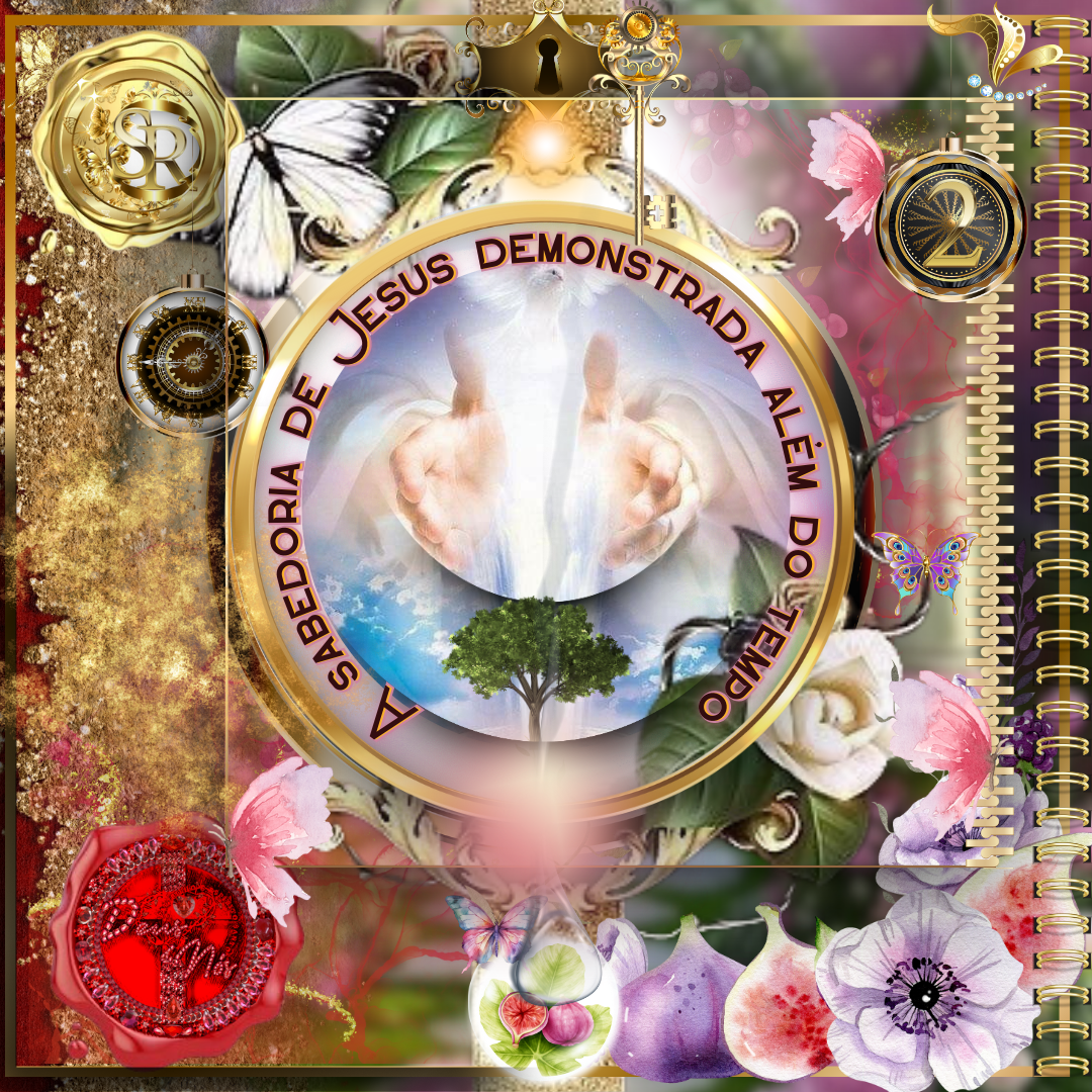 Ilustração espiritual mostrando mãos divinas, um globo celestial e uma árvore de vida. Borboletas e elementos dourados simbolizam a eternidade da sabedoria de Cristo. Texto circular: "Sabedoria de Jesus demonstrada além do tempo".