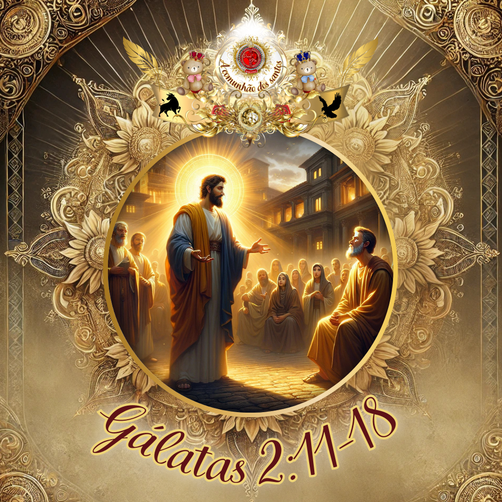 Ilustração majestosa e dourada de Jesus ensinando discípulos e seguidores à noite, com um halo resplandecente ao redor de Sua cabeça. A cena central é cercada por ornamentos barrocos e elementos celestiais, destacando o tema da comunhão dos santos.