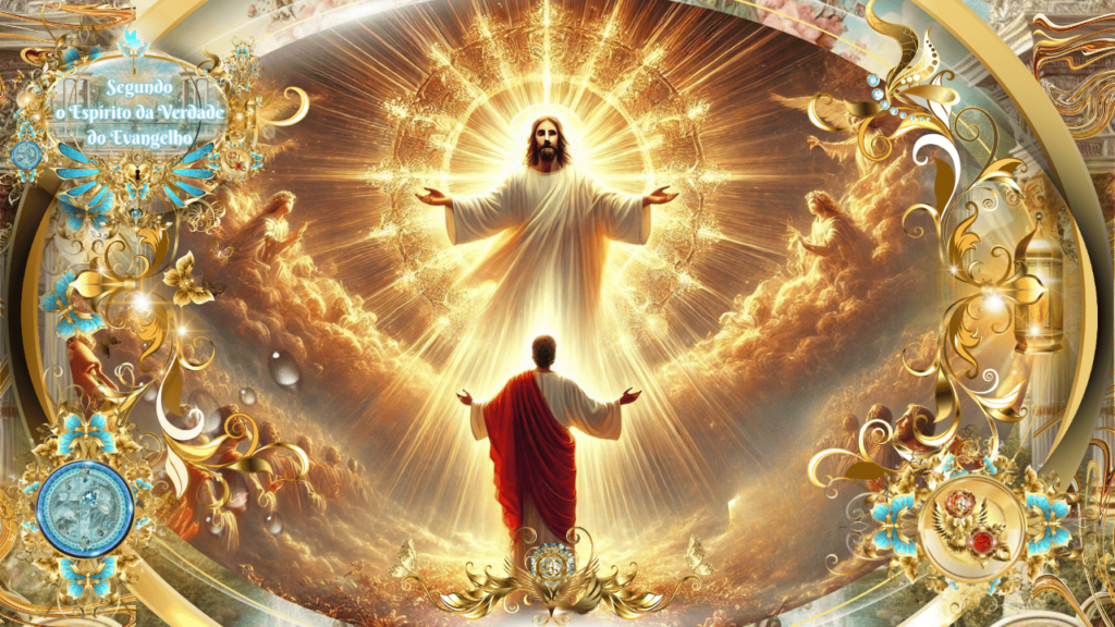 Jesus resplandecente em glória diante de um homem de túnica vermelha, em meio a nuvens douradas, cercado por uma ornamentação celestial com detalhes dourados e azuis.
