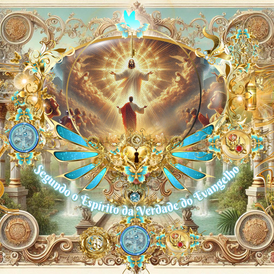 Arte celestial de Jesus glorificado no céu, com um discípulo de braços erguidos em reverência, rodeado por ornamentos dourados e azuis em um cenário de colunas e fontes paradisíacas.