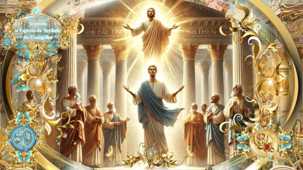 Uma cena celestial iluminada pelo Espírito da Verdade, mostrando um homem de vestes azuis de braços erguidos, o apóstolo Paulo, recebendo uma revelação divina, cercado por anciãos em um templo adornado. Acima, Jesus Cristo resplandece em glória.