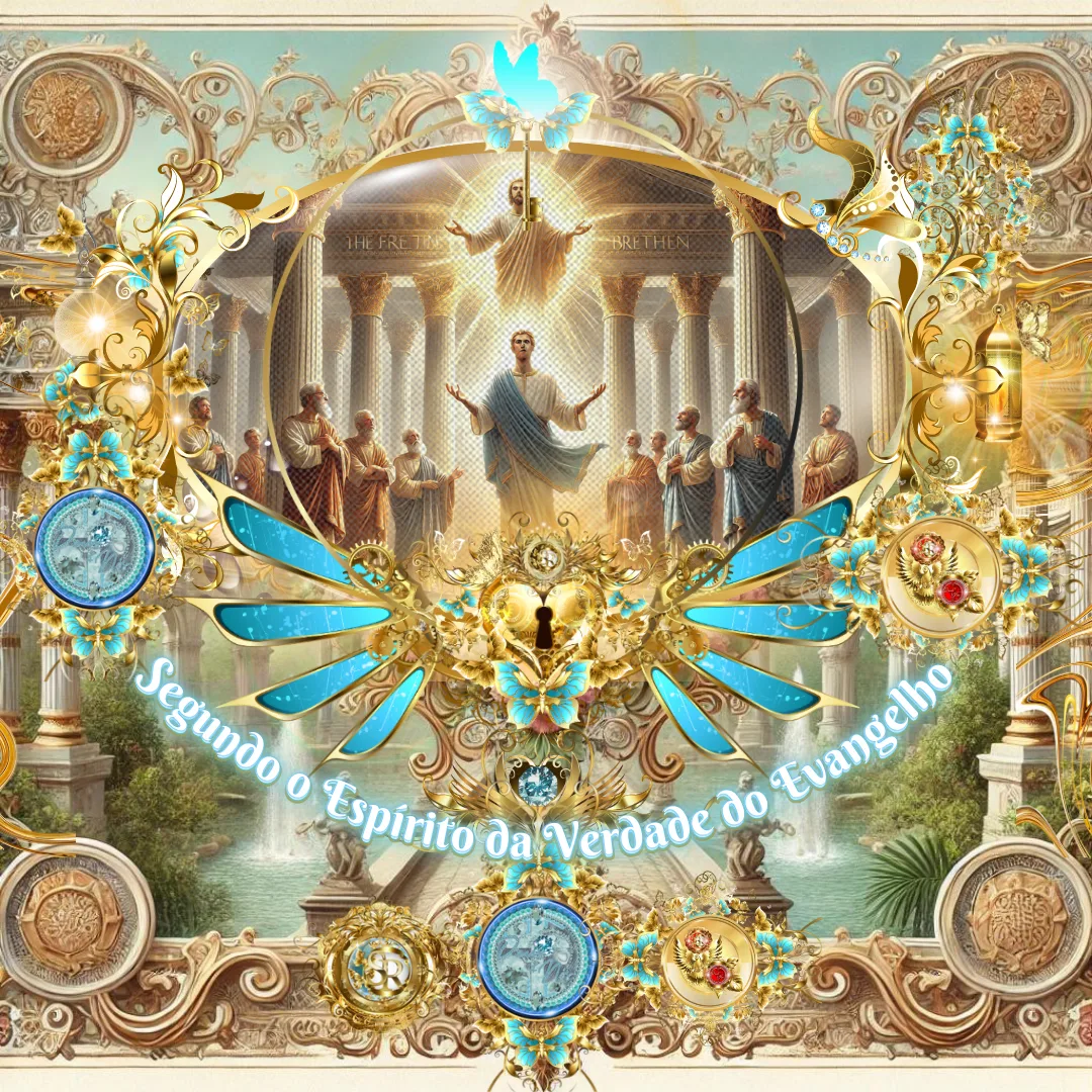 Uma cena celestial iluminada pelo Espírito da Verdade, mostrando um homem de vestes azuis de braços erguidos, o apóstolo Paulo, recebendo uma revelação divina, cercado por anciãos em um templo adornado. Acima, Jesus Cristo resplandece em glória.