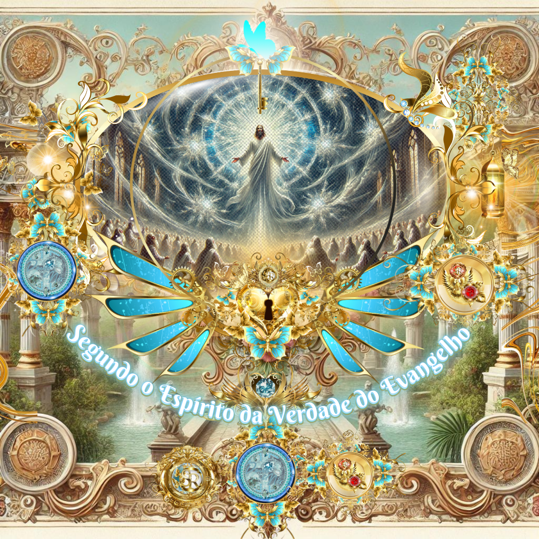 Representação celestial de Jesus glorificado, cercado por luzes e padrões angelicais, com elementos dourados e azuis ornamentados, simbolizando a verdade do Evangelho.