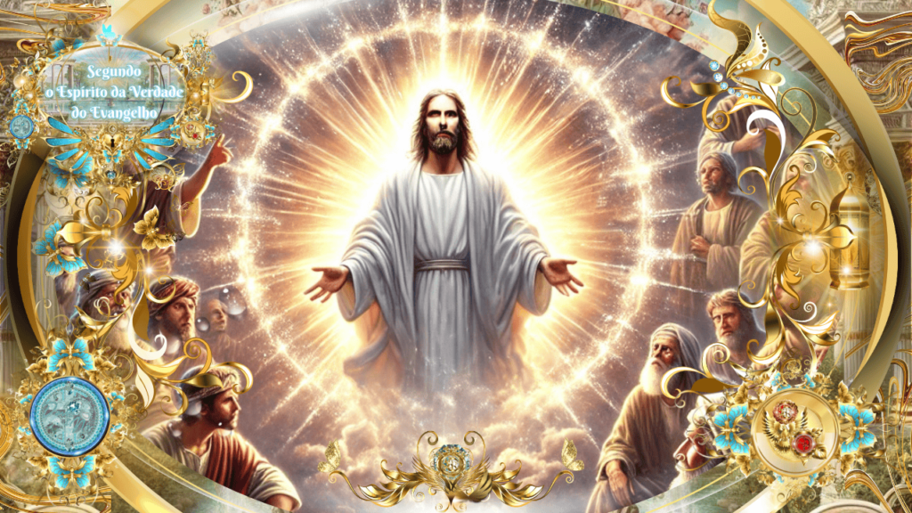 Imagem gloriosa de Jesus Cristo resplandecente de luz, cercado por discípulos e líderes, com elementos dourados e detalhes celestiais.