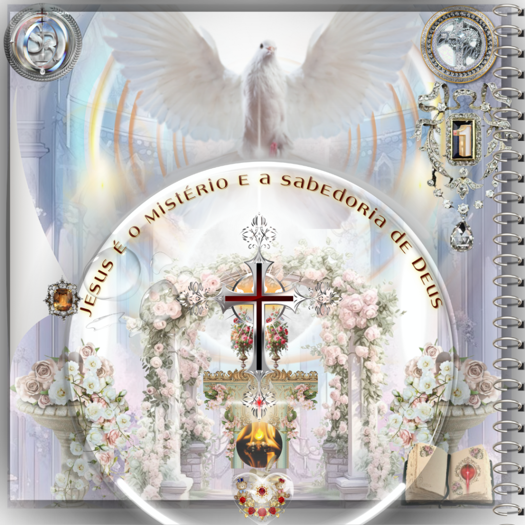Ilustração espiritual de Jesus como o mistério e a sabedoria de Deus, com uma pomba simbolizando o Espírito Santo, uma cruz e um cenário celestial ornamentado.