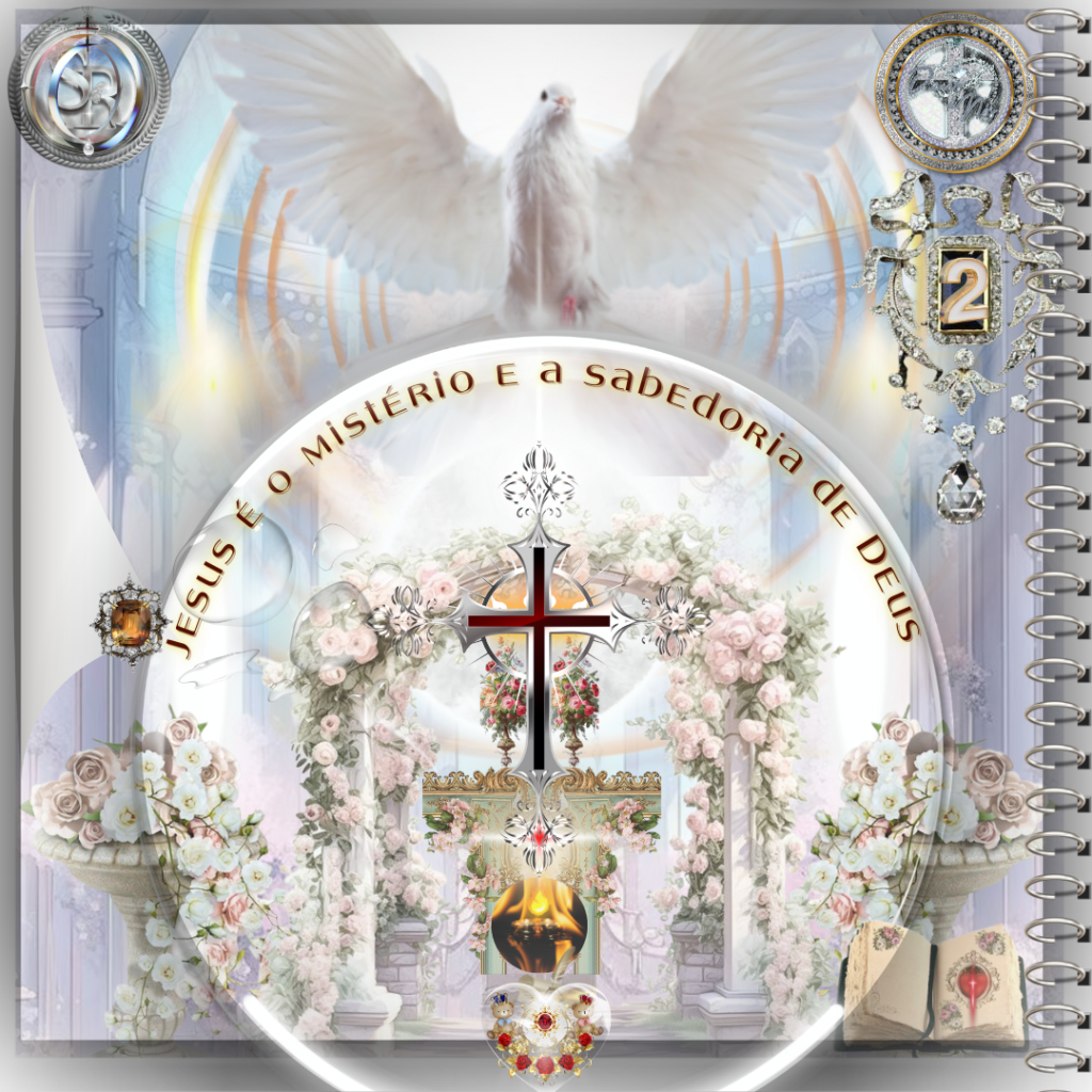 Ilustração espiritual de Jesus como o mistério e a sabedoria de Deus, com uma pomba simbolizando o Espírito Santo, uma cruz e um cenário celestial ornamentado.