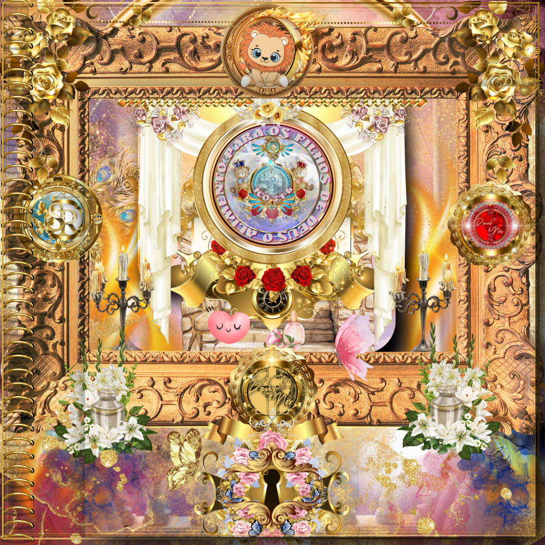 Imagem dourada e celestial com detalhes florais e ornamentais, destacando um ambiente sagrado. No centro, uma moldura com um relógio espiritual e a frase "O alimento para os filhos de Deus". Elementos simbólicos como velas, lírios, borboletas e um leão infantil remetem à pureza e ao sustento divino.