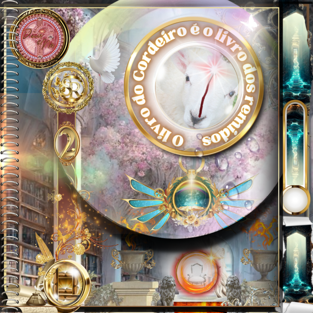 Ilustração cristã com o Cordeiro de Deus, uma luz celestial e um livro simbólico, representando a redenção dos salvos.