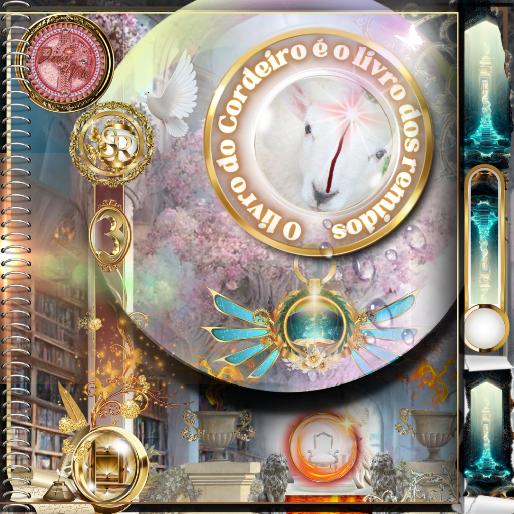 Ilustração cristã com o Cordeiro de Deus, uma luz celestial e um livro simbólico, representando a redenção dos salvos.