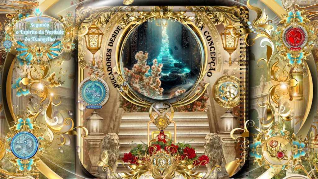 Arte bíblica majestosa com detalhes dourados e florais, representando o tema "Pecadores desde a concepção". No centro, uma escadaria celestial iluminada contrasta com o fundo clássico.