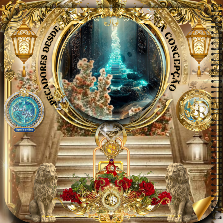 Imagem representando o tema "Pecadores desde a concepção", com um portal celestial iluminado, escadarias douradas, leões esculpidos e ornamentos barrocos, destacando a majestade divina e a revelação espiritual.