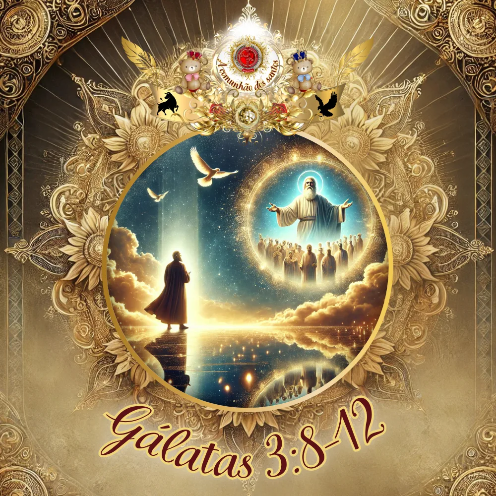 Imagem dourada e celestial representando a promessa da fé em Gálatas 3:8-12, com um homem caminhando em direção à luz e Deus recebendo os fiéis no Reino.