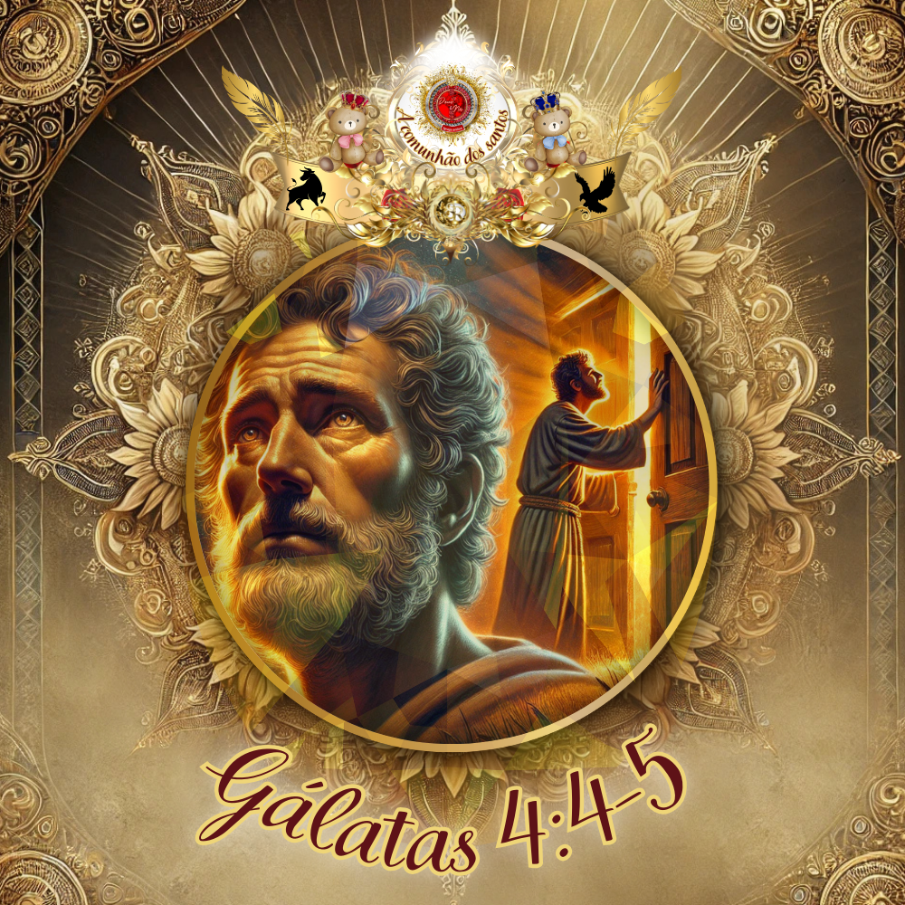 Arte digital gloriosa com tons dourados e detalhes celestiais, destacando Gálatas 4:11. No centro, um homem de expressão preocupada olha para cima, com uma cena ao fundo representando alguém batendo à porta. Anjos e elementos simbólicos compõem a imagem.