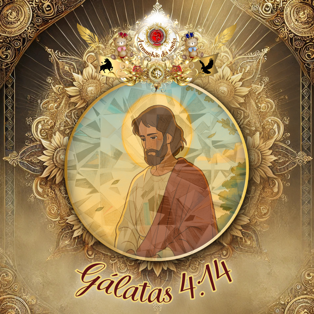 Ilustração artística de Jesus Cristo com um halo radiante, cercado por uma moldura dourada adornada com elementos celestiais, flores e símbolos cristãos. A passagem "Gálatas 4:14" está destacada na composição.