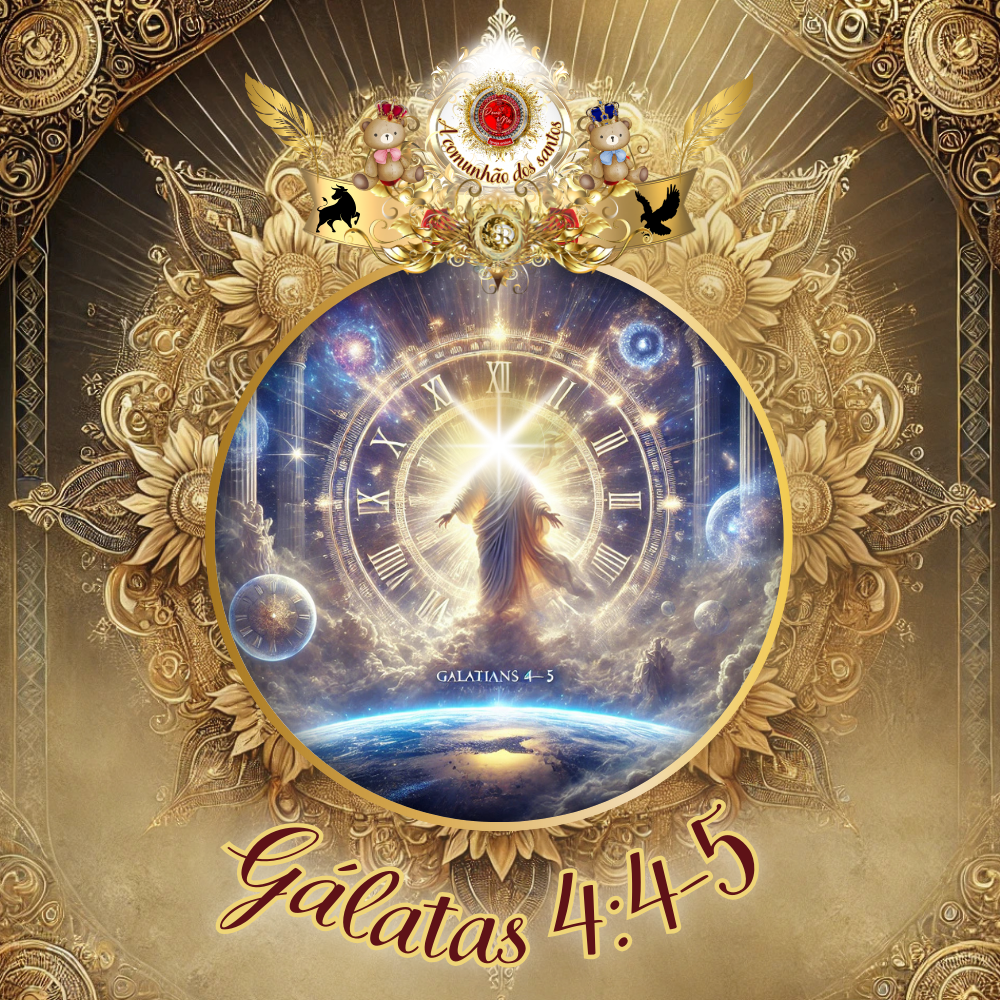 Arte digital representando Gálatas 4:4-5, com Jesus glorificado no centro de um relógio cósmico, simbolizando o cumprimento do tempo divino. Anjos, elementos dourados e detalhes celestiais adornam a composição.