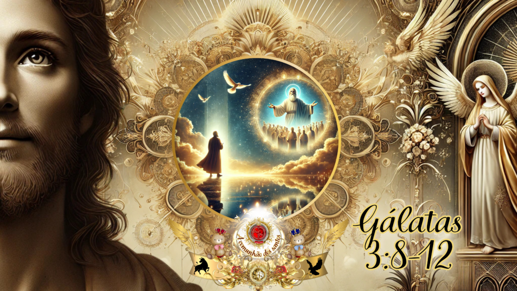 Imagem digital gloriosa representando Gálatas 3:8-12. Um homem caminha sobre um caminho de luz, rodeado por nuvens douradas, enquanto uma visão celestial de Deus e santos aparece à sua frente. O fundo é ricamente decorado com elementos dourados e angelicais.