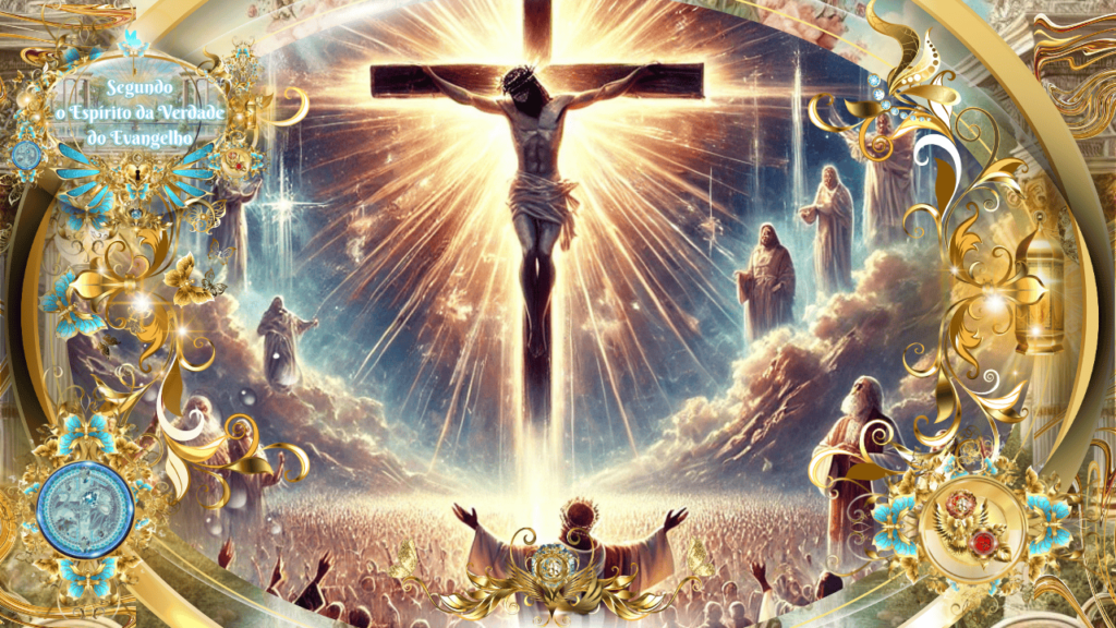 Ilustração gloriosa e celestial de Jesus Cristo crucificado, irradiando luz divina. Anjos e santos testemunham a cena enquanto uma multidão de fiéis exalta o Salvador. Moldura dourada e azul com detalhes ornamentais e a inscrição "Segundo o Espírito da Verdade do Evangelho".
