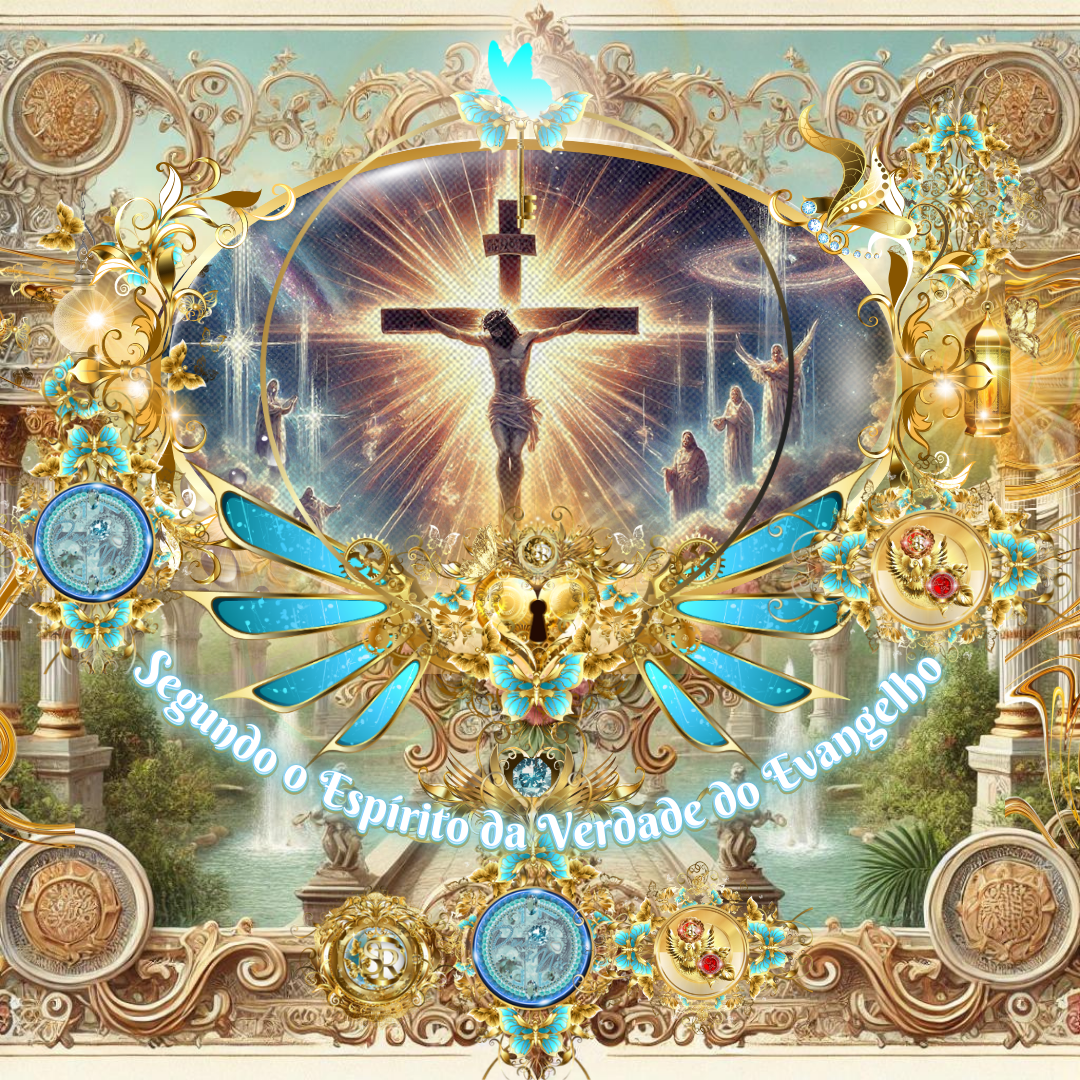Uma ilustração majestosa e celestial de Jesus Cristo crucificado, irradiando luz divina. A cena é adornada com elementos dourados e azuis, asas angelicais e detalhes simbólicos representando a verdade do Evangelho.
